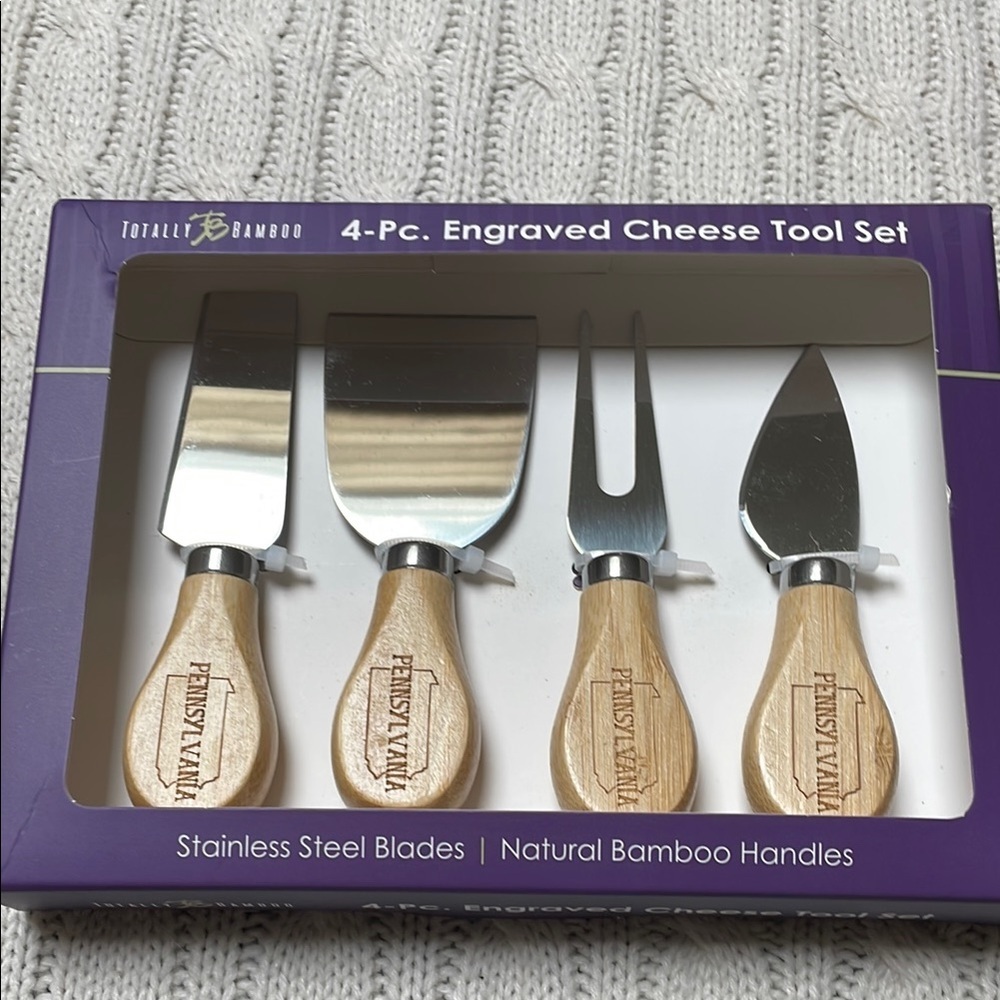 New Totally Bamboo 4 pc Engraved Cheese Tool Set Stainless blades Bamboo handles